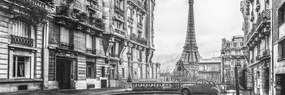 Stampa su tela – Vista sulla Torre Eiffel dalla strada di Parigi in bianco e nero