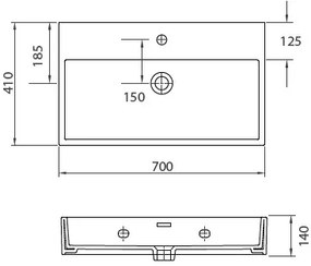 New Line GU3 Lavabo 70x41 Da Appoggio Rettangolare In Porcellana Bianco