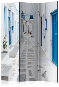 Paravento Isola greca dei sogni - architettura di pietra con dettagli blu