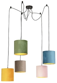 Lampada a sospensione con 5 paralumi in velluto colorati 20 cm - Cava