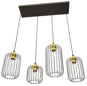 Sospensione Minimal Industrial Minerva 4 Luci Lineari Nera E Oro