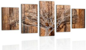Quadri 5 pezzi – Albero con imitazione di sfondo in legno
