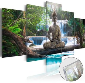 Quadri su vetro acrilico  Buddha and Waterfall [Glass]  Colore Verde, Dimensioni e Misure 200x100