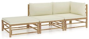 Set divani da giardino 3 pz con cuscini bianco crema in bambù
