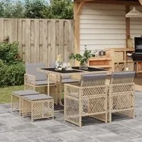 Set da Pranzo da Giardino 9 pz con Cuscini Beige in Polyrattan 3210780