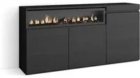 Credenza, Mobile soggiorno 150x75x35cm, 3 Porte, Camino elettrico, Stile moderno colore Nero