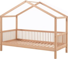 Letto da bambini a forma di casa di colore naturale in faggio massiccio con rete inclusa 90x200 cm Forrest – Vipack