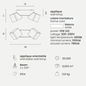 Applique per esterni a 2 Luci LED in alluminio Bianco e diffusore in vetro STEVE 28x11 cm