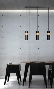 Lampadario 3 Luci Akari In Acciaio Nero A Cilindro Con Legno Naturale