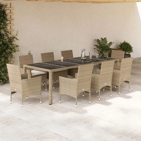 Set da pranzo da giardino 9 pz con cuscini polyrattan e vetro