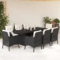 Set da Pranzo da Giardino 9 pz con Cuscini Nero in Polyrattan 3211879