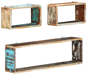 Set Mensole Cubiche Da Parete 3pz İn Legno Massello Di Recupero /