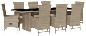 Set da pranzo da giardino 9 pz con cuscini beige in polyrattan