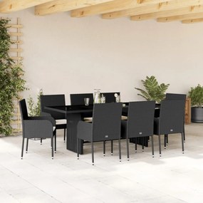 Set da pranzo da giardino 9 pz con cuscini nero in polyrattan