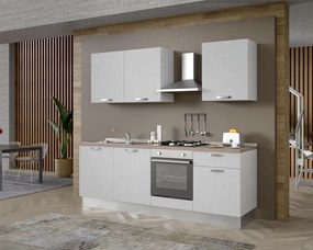 Cucina montata Dora bianco spatolato, lavello a sinistra, L 240 cm, completa di: cappa a camino, piano cottura a gas e forno