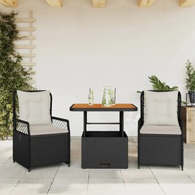 Set Da Pranzo Da Giardino 3 Pz Con Cuscini Nero İn Polyrattan /