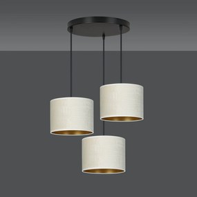 Lampadario Tondo 3 Luci Hilde In Acciaio Nero E Paralumi In Tessuto Beige