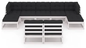 Set divani da giardino 9 pz con cuscini massello di pino bianco