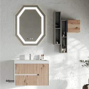 Mobile Bagno Sospeso "Portofino" Da 80 Cm Composto Da Due Cassetti Ed Un'Anta Lavabo E Specchio Finitura Rovere Oro