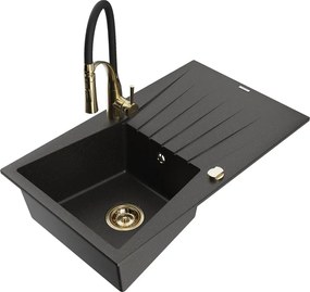 Mexen Cesar lavello in granito a 1 vasca con sgocciolatoio e miscelatore cucina Aster, nero/oro metallizzato