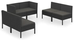 Set Divani da Giardino 6 pz con Cuscini in Polyrattan Nero