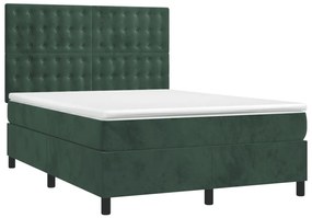 Letto a molle con materasso e led verde scuro 140x190cm velluto