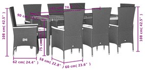 Set da pranzo da giardino 9 pz con cuscini nero in polyrattan