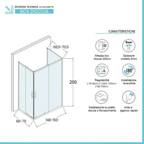 Box doccia 3 lati 70x150x70 cm con doppio scorrevole vetro trasparente Ted
