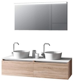 Mobile Bagno 140cm Con Doppio Lavabo, Base Con Cassetto E Specchio Con LED Integrato