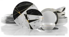 Set da tavola 24 pezzi, nero/bianco/oro, in porcellana
