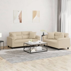 Set Divani 2 Pz Con Cuscini Crema İn Tessuto Microfibra /