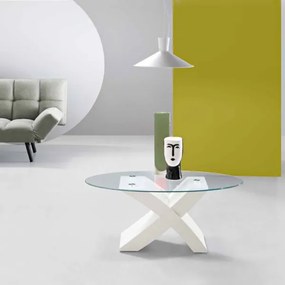 Tavolino piano in vetro ovale TITO con base color BIANCO FRASSINO