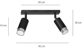 Plafoniera 2 Luci A Faretti Orientabili A Cilindro In Acciaio Nero E Cromo