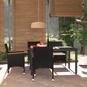 Set da pranzo per giardino 5 pz con cuscini polyrattan nero