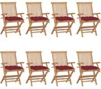 Sedie da Giardino con Cuscini Rosso Vino 8 pz Massello di Teak cod mxl 45127