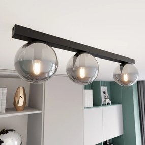 Plafoniera Moderna 3 Luci Giapeto Barra In Acciaio Nero E Sfere Di Vetro Fumè
