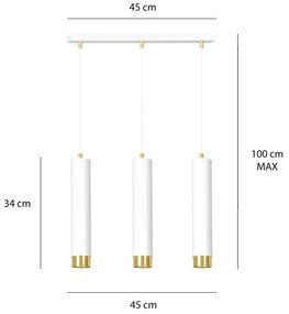Lampadario 3 Luci Brunilde In Acciaio Bianco E Tubolari In Bianco E Oro