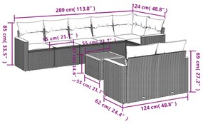 Set divano da giardino 9 pz con cuscini grigio in polyrattan