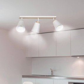Plafoniera Spot Faretti Orientabili 3 Luci Xiwangmu Acciaio Bianco E Legno Naturale