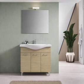 Mobile bagno da fissare con lavabo e specchio LIMA L 75 x H 80 x P 33.5 cm rovere naturale in truciolare effetto legno, 3 ante per vasca centrale