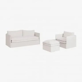 Set Da Soggiorno Grace In Lino E Cotone Con Divano 3 Posti, Poltrona E Pouf Tessuto Bianco Antico - Sklum