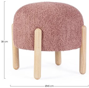 Pouf DAYLA in tessuto rosa scuro effetto bouclé e gambe in legno rubberwood