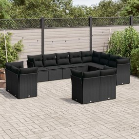 Set divani da giardino 12 pz con cuscini nero in polyrattan