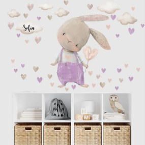 Coniglietto viola con cuori - adesivi da parete | Inspio