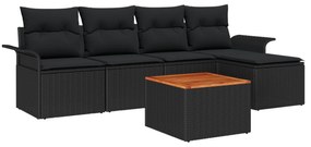 Set di divani da giardino 6 pezzi con cuscini in polirattan nero e acacia