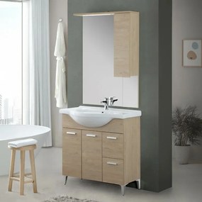 Mobile bagno a terra 85 cm rovere dolomite con pensile su specchio LED Desya