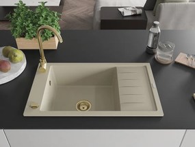 Mexen Elias lavello in granito a 1 vasca con gocciolatoio 795 x 480 mm, beige, sifone dorato - 6511791005-69-G