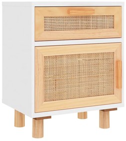 Comodini 2 pz bianchi legno massello di pino e rattan naturale