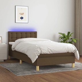 Letto a molle materasso e led marrone scuro 100x200 cm tessuto