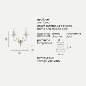 Lampada Applique da parete BACH con paralume in vetro trasparente 2 LUCI CROMO